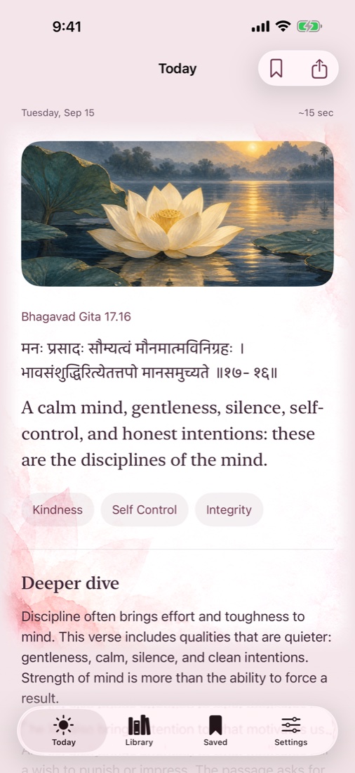 Ancient Wisdom daily reading with Sanskrit, an English translation, and a pink lotus theme.